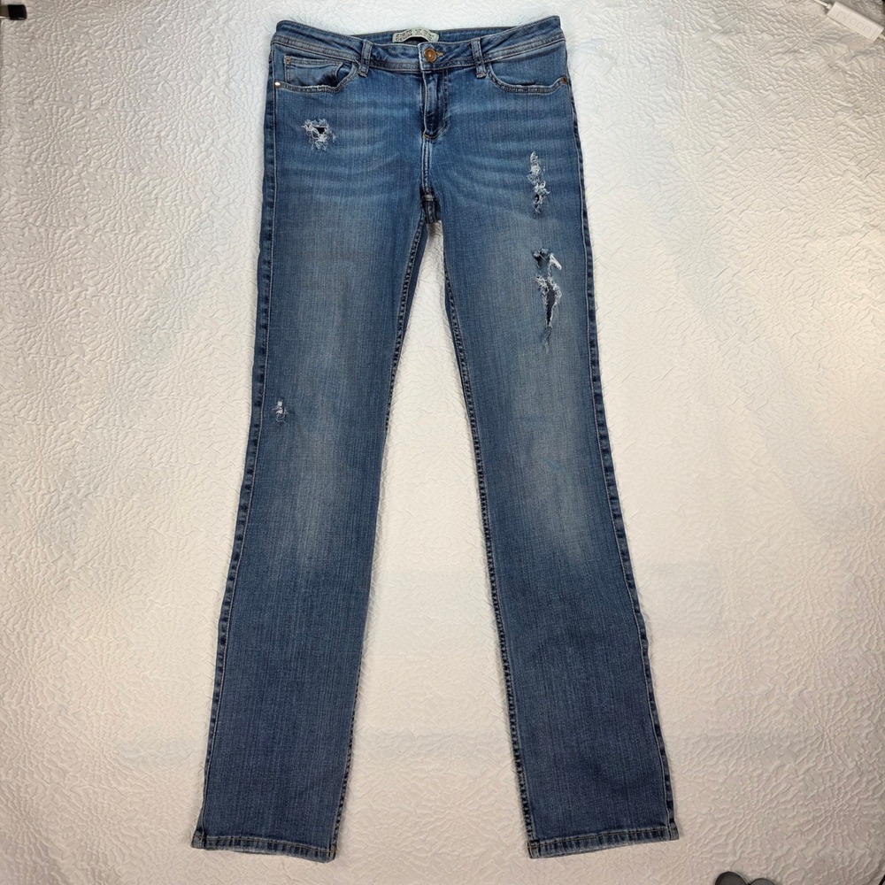 Zara Trafaluc Skinny Distressed Jeans Blue Denim Size 8 Tall‎ Z1975 Low Rise